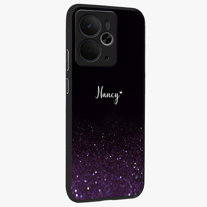 Glittery Purple Bokeh Custom Name Glass Case upright view showcasing vibrant purple sparkle artwork with personalized aesthetic style.