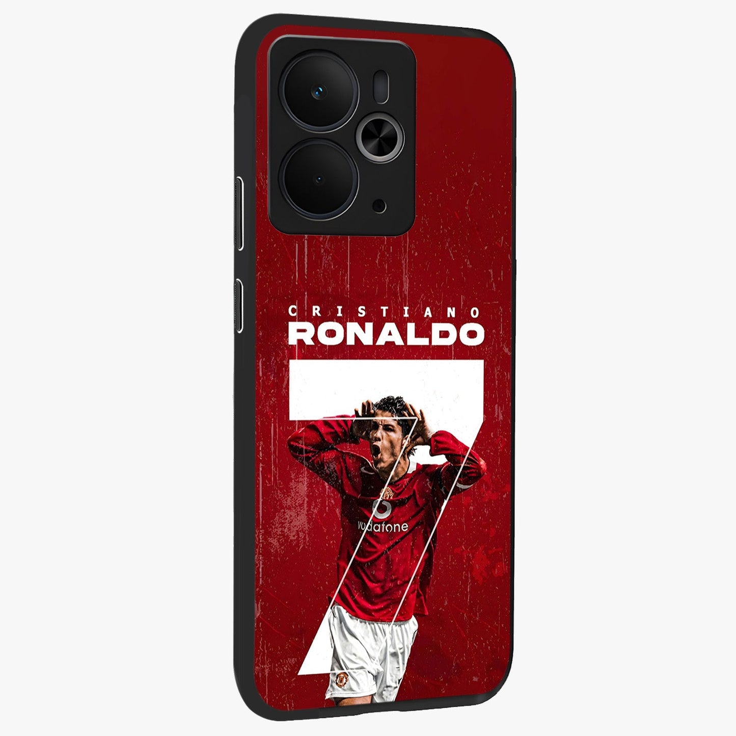 Goal Celebration Legacy Glass Case upright view showcasing dynamic football inspired artwork with victory celebration aesthetic.