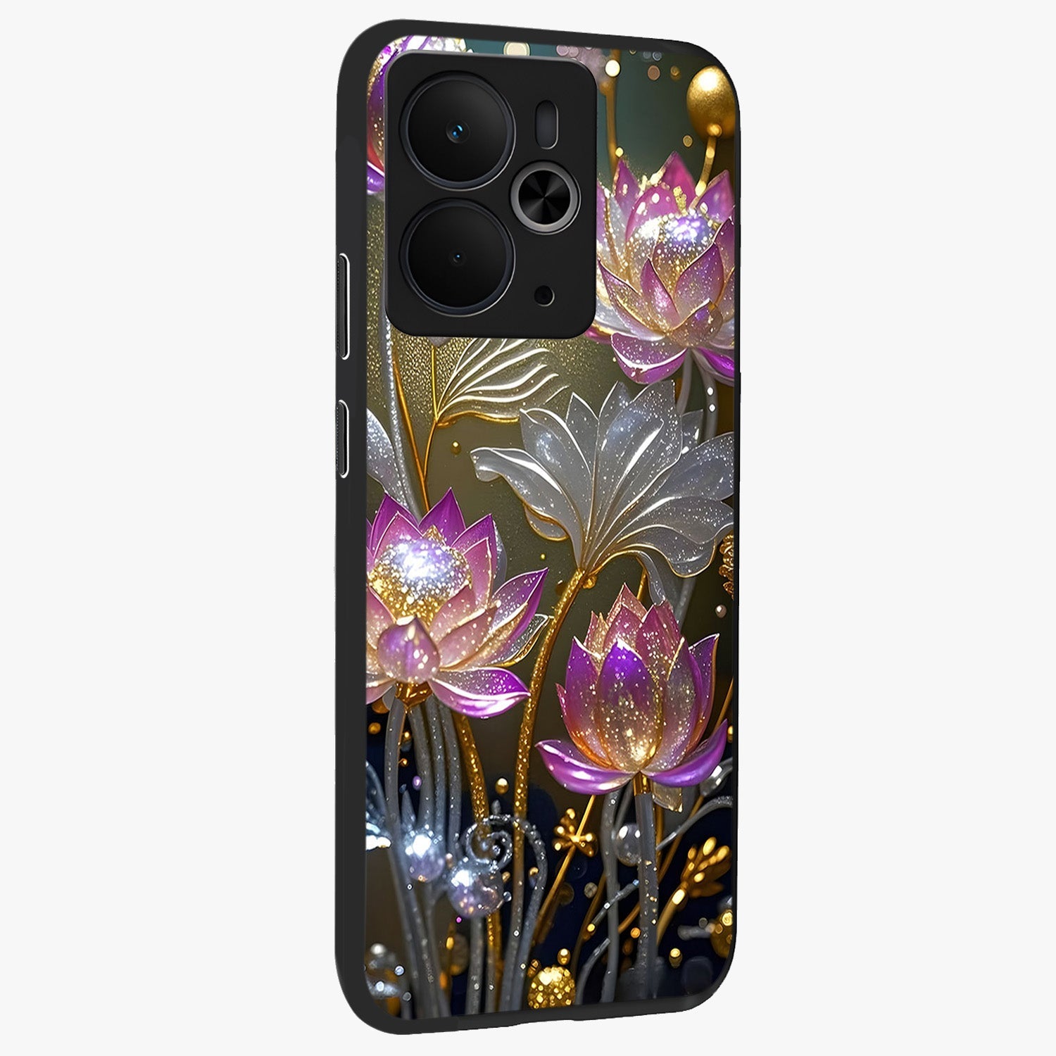 Golden Floral Majesty Glass Case upright view showcasing majestic floral artwork with rich decorative theme.