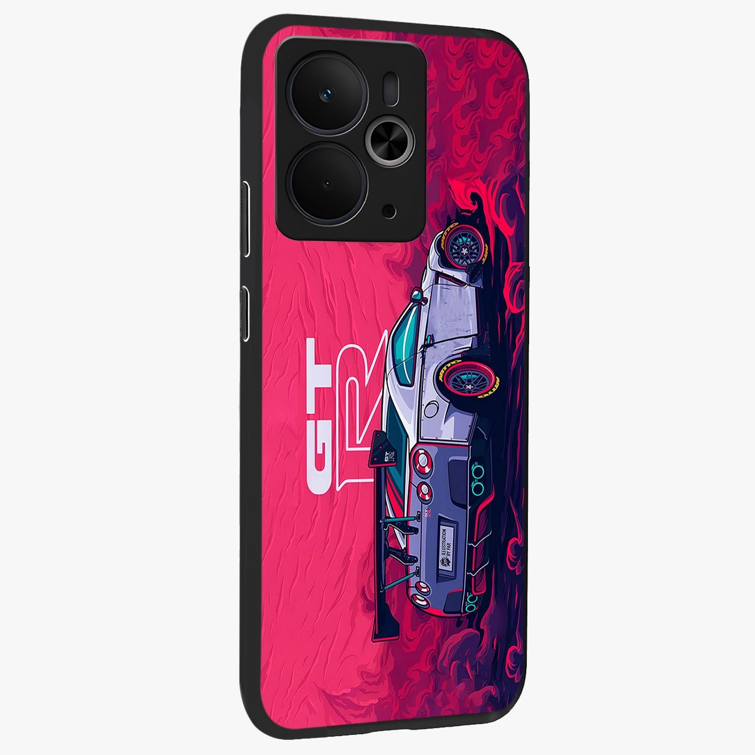 GT-R Car Pattern Glass Case upright view showcasing dynamic car pattern artwork with modern sports theme.