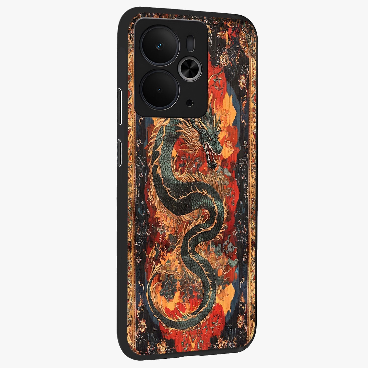 Inferno Dragon Soul Glass Case upright view showcasing intense dragon artwork with fantasy fire theme.