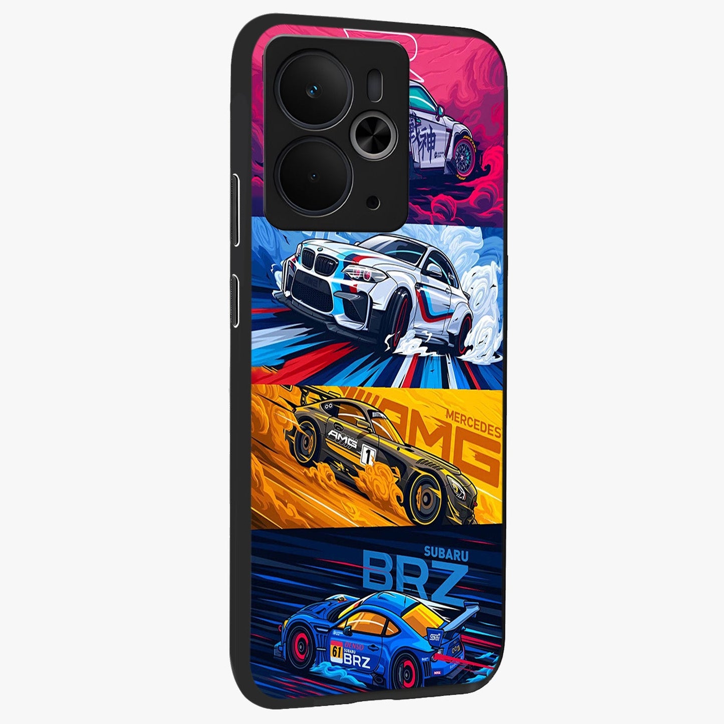 JDM Sports Car Glass Case upright view showcasing dynamic sports car artwork with bold racing theme.