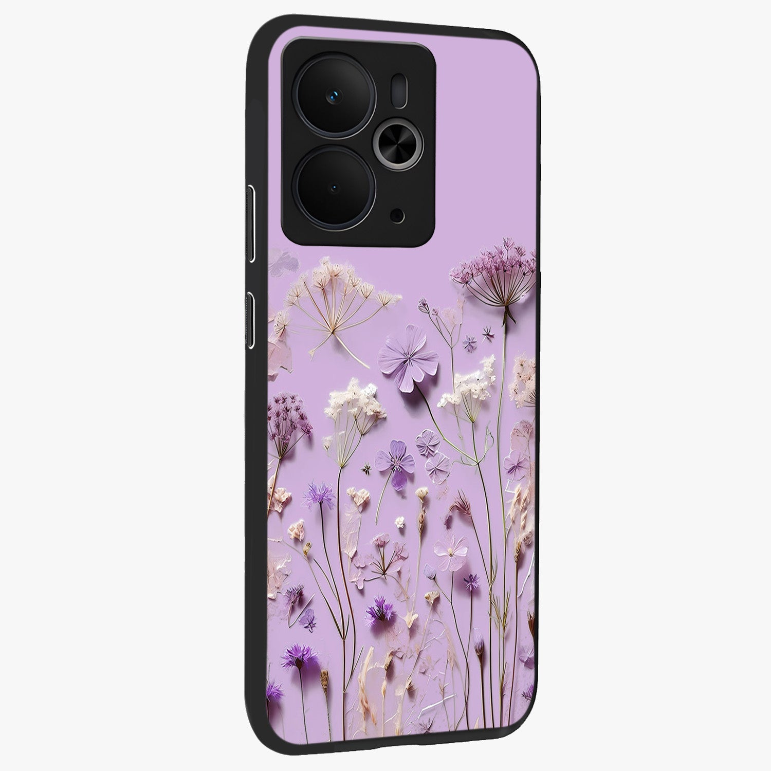 Lavender Blossom Dream Glass Case upright view showcasing delicate lavender blossom artwork with peaceful floral theme.
