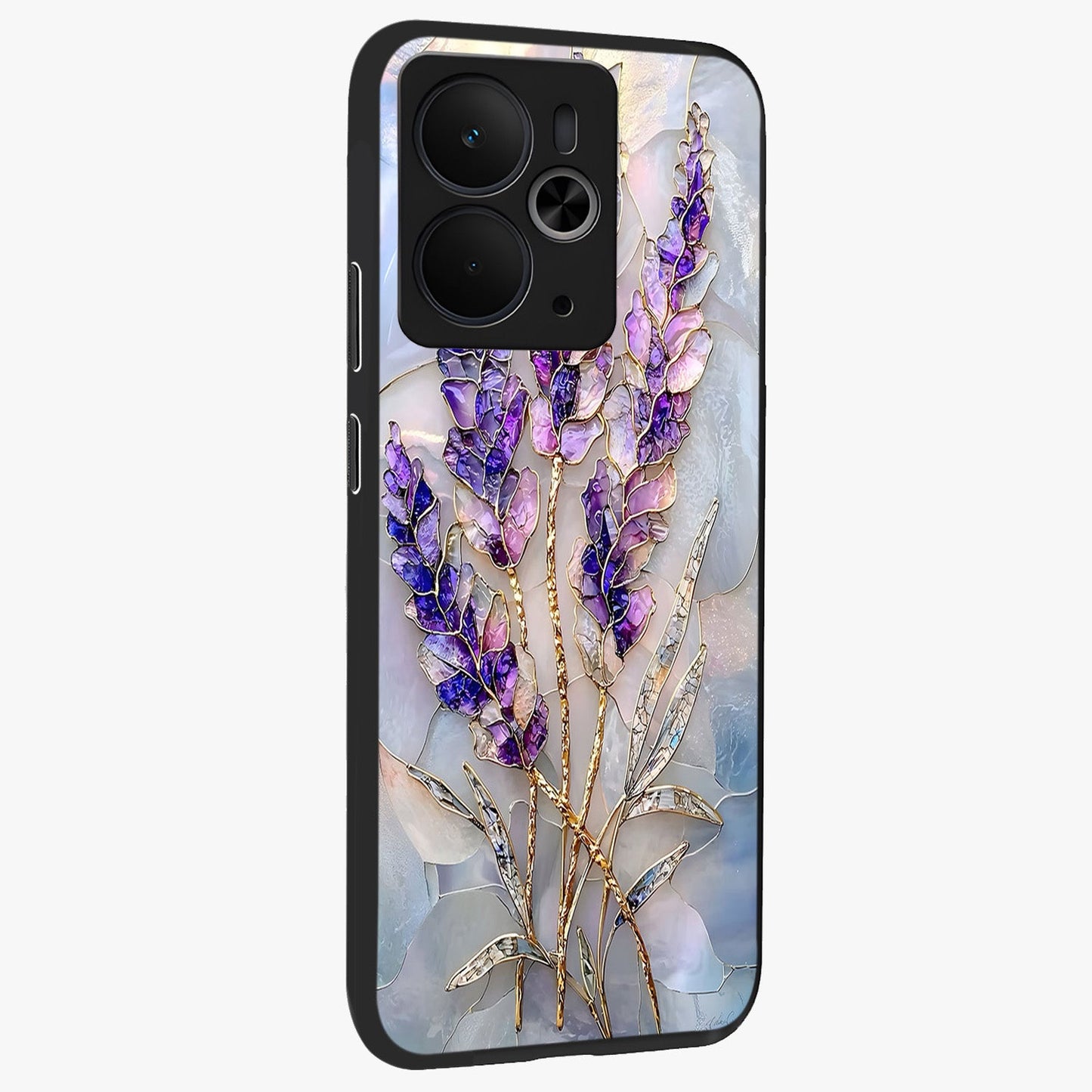 Lavender Dream Glow Glass Case upright view showcasing radiant lavender glow artwork with calming dreamy theme.