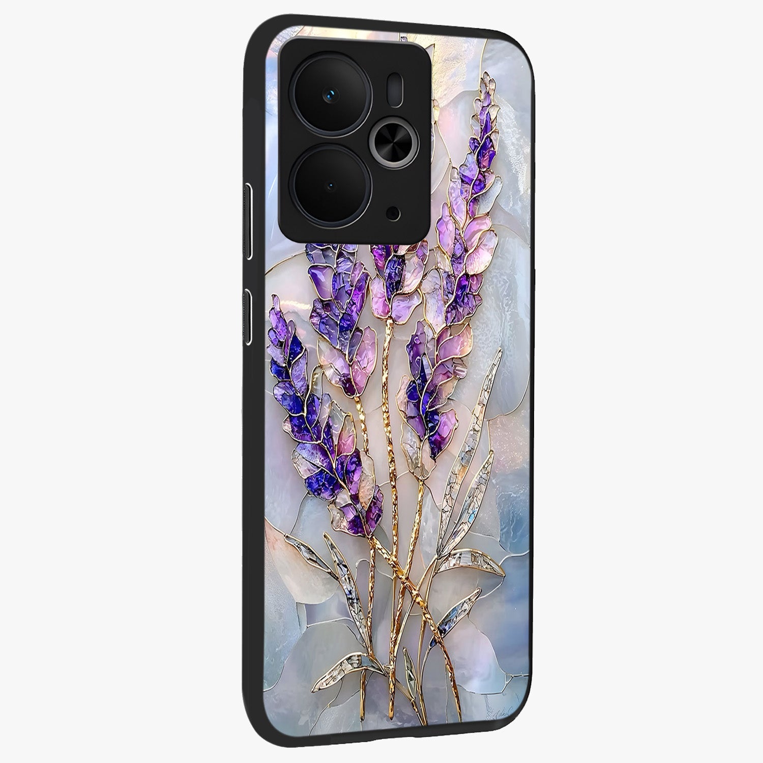Lavender Dream Glow Glass Case upright view showcasing radiant lavender glow artwork with calming dreamy theme.