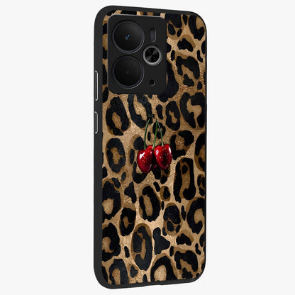 Leopard Wild Cherry Glass Case upright view showcasing stylish leopard pattern artwork with trendy fashion theme.