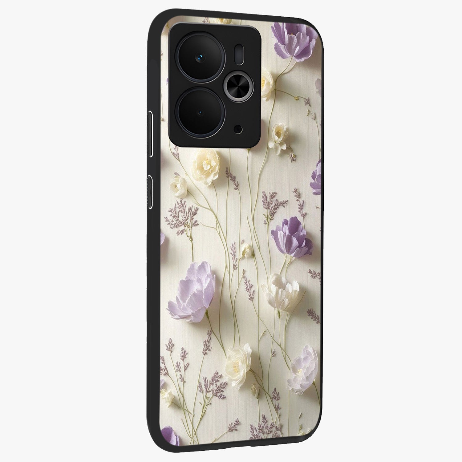 Lilac Breeze Harmony Glass Case upright view showcasing delicate lilac artwork with peaceful floral theme.