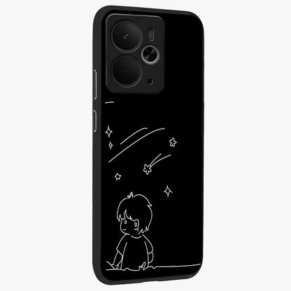 Line Art Boy With Shooting Stars Glass Case upright view showcasing artistic shooting star illustration with minimal style.