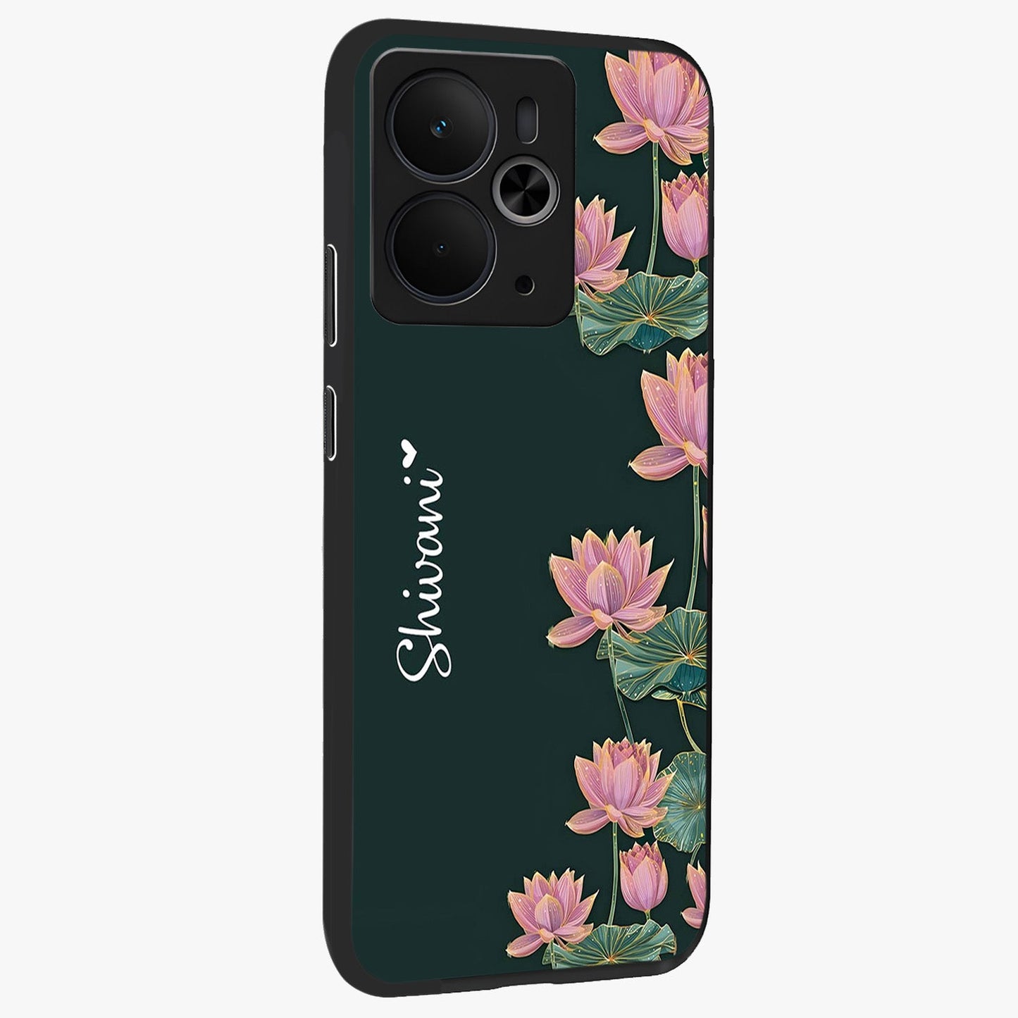 Lotus Bloom Serenity Custom Name Glass Case upright view showcasing serene lotus bloom artwork with personalized floral aesthetic.