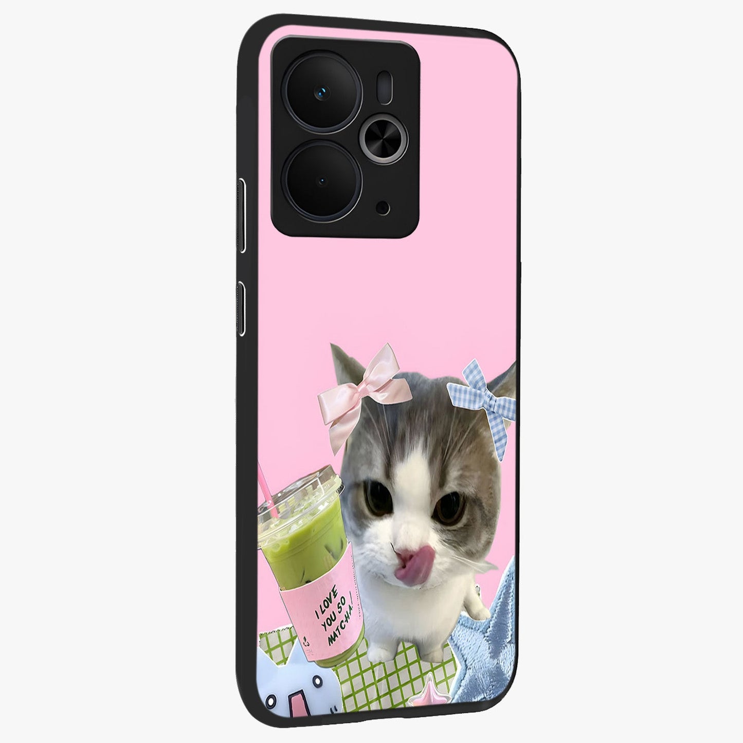 Love Matcha Cat Glass Case upright view showcasing adorable cat artwork with charming matcha themed design.