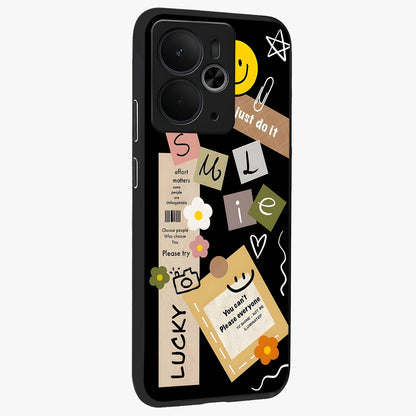 Lucky Aesthetic Collage Glass Case upright view showcasing vibrant collage artwork with youthful aesthetic theme.