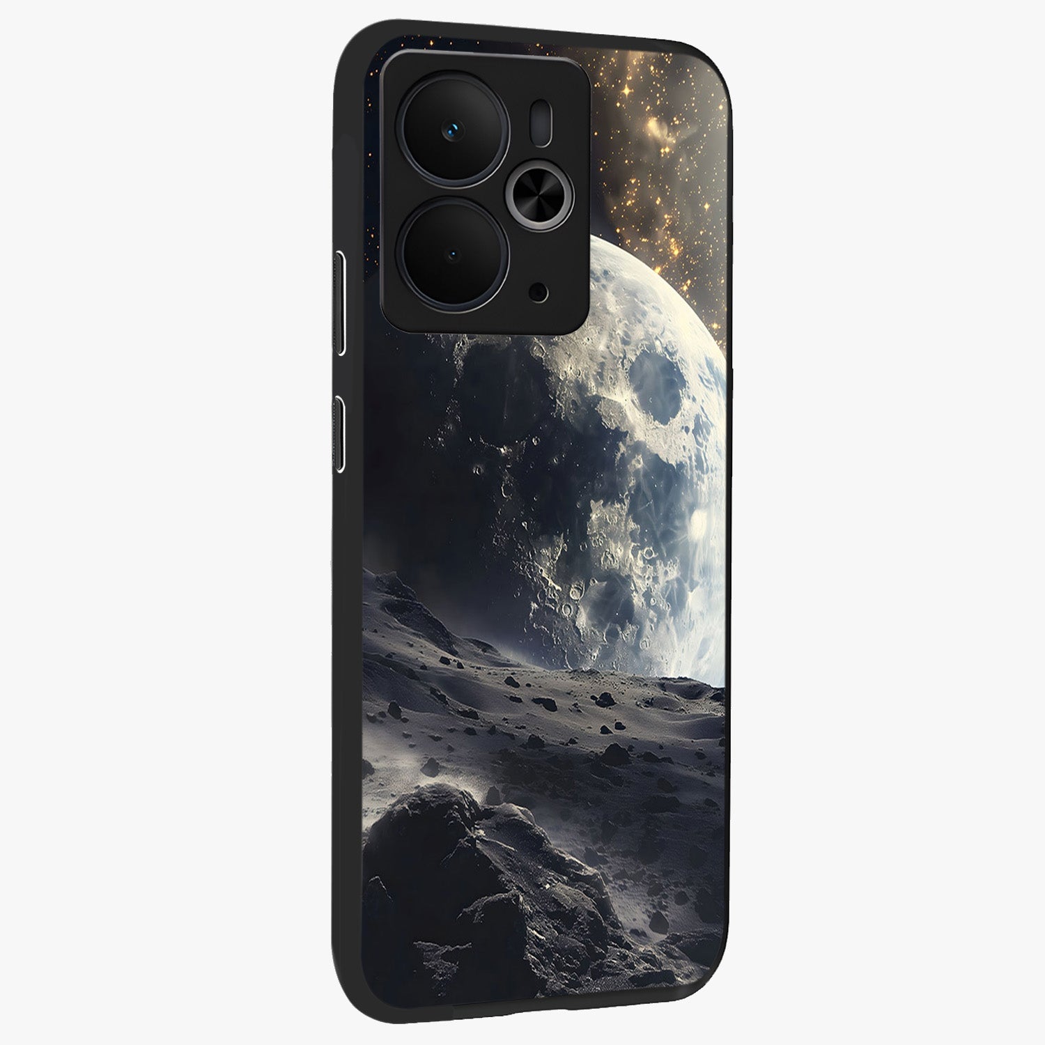 Lunar Horizon Glow Glass Case upright view showcasing radiant lunar artwork with calm cosmic theme.