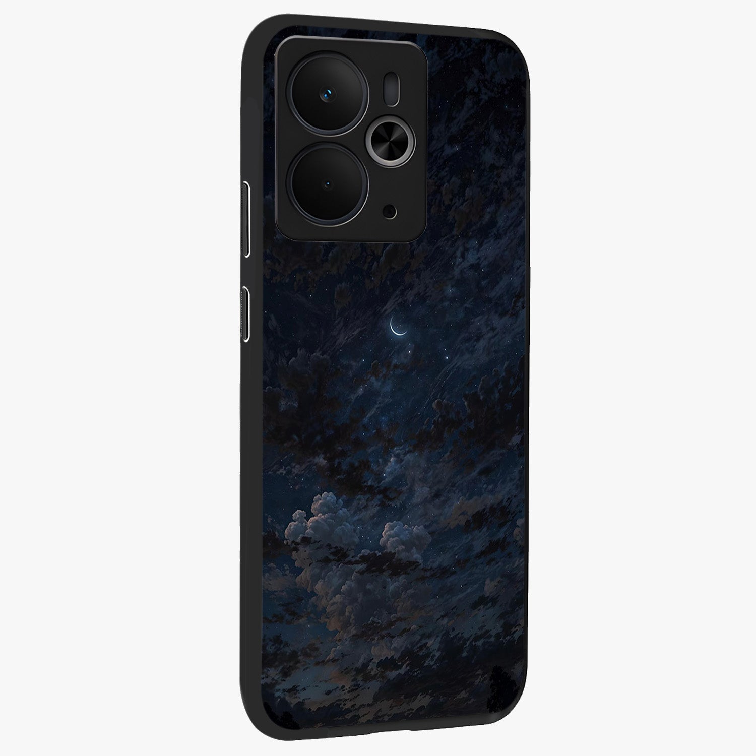 Lunar Veil Silence Glass Case upright view showcasing calm moon themed artwork with serene night atmosphere.
