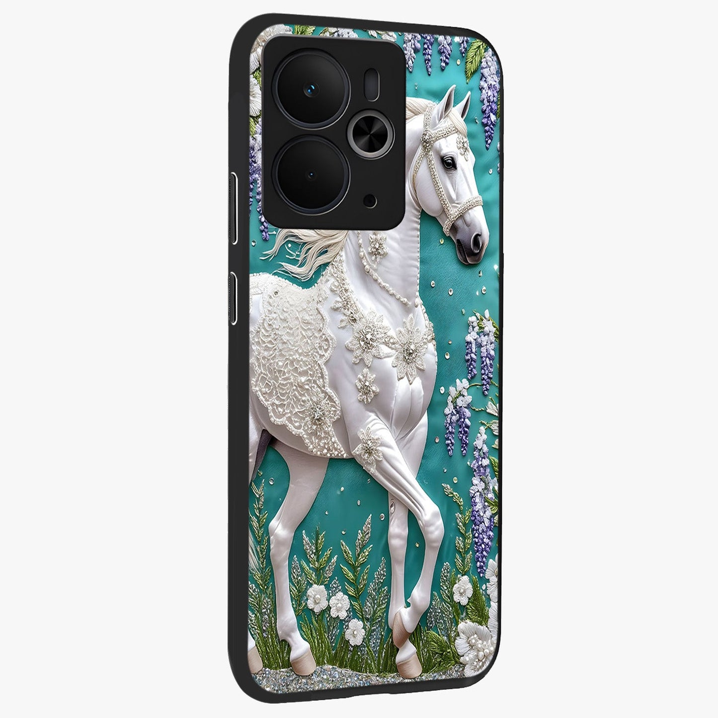 Majestic Floral Stallion Glass Case upright view showcasing dramatic horse artwork with decorative floral theme.