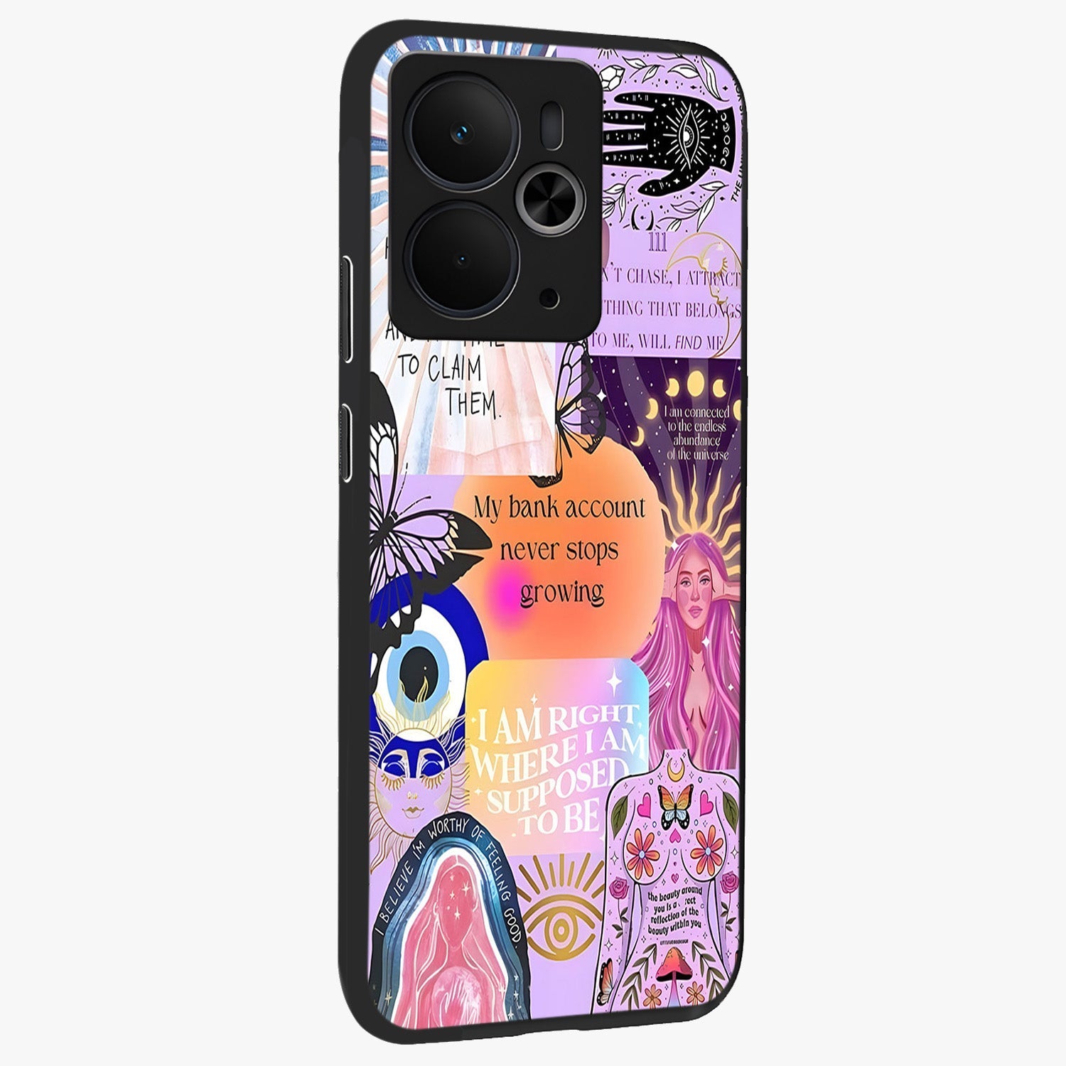 Manifestation Collage Glass Case upright view showcasing artistic manifestation themed artwork with creative style.