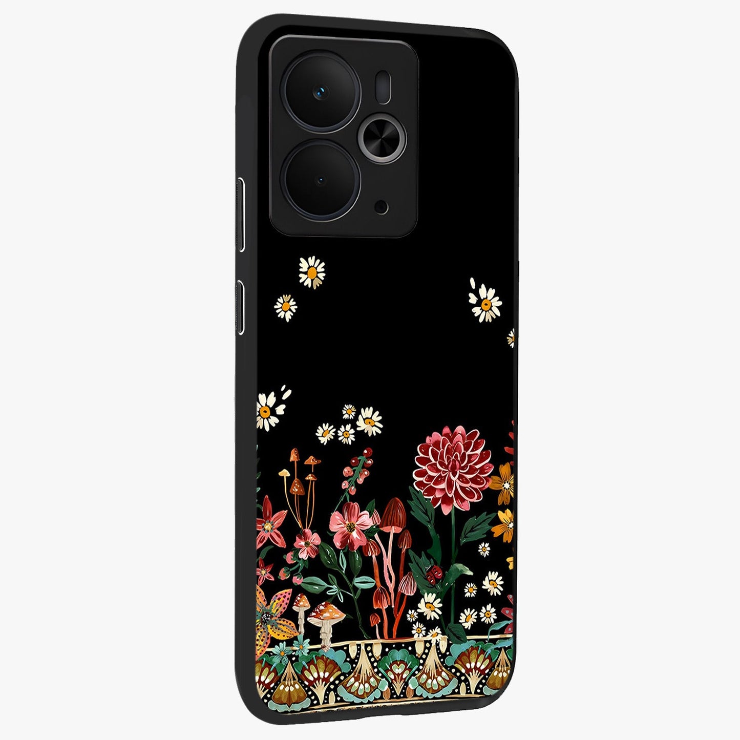 Midnight Bloom Pattern Glass Case upright view showcasing decorative floral artwork with deep night themed palette.