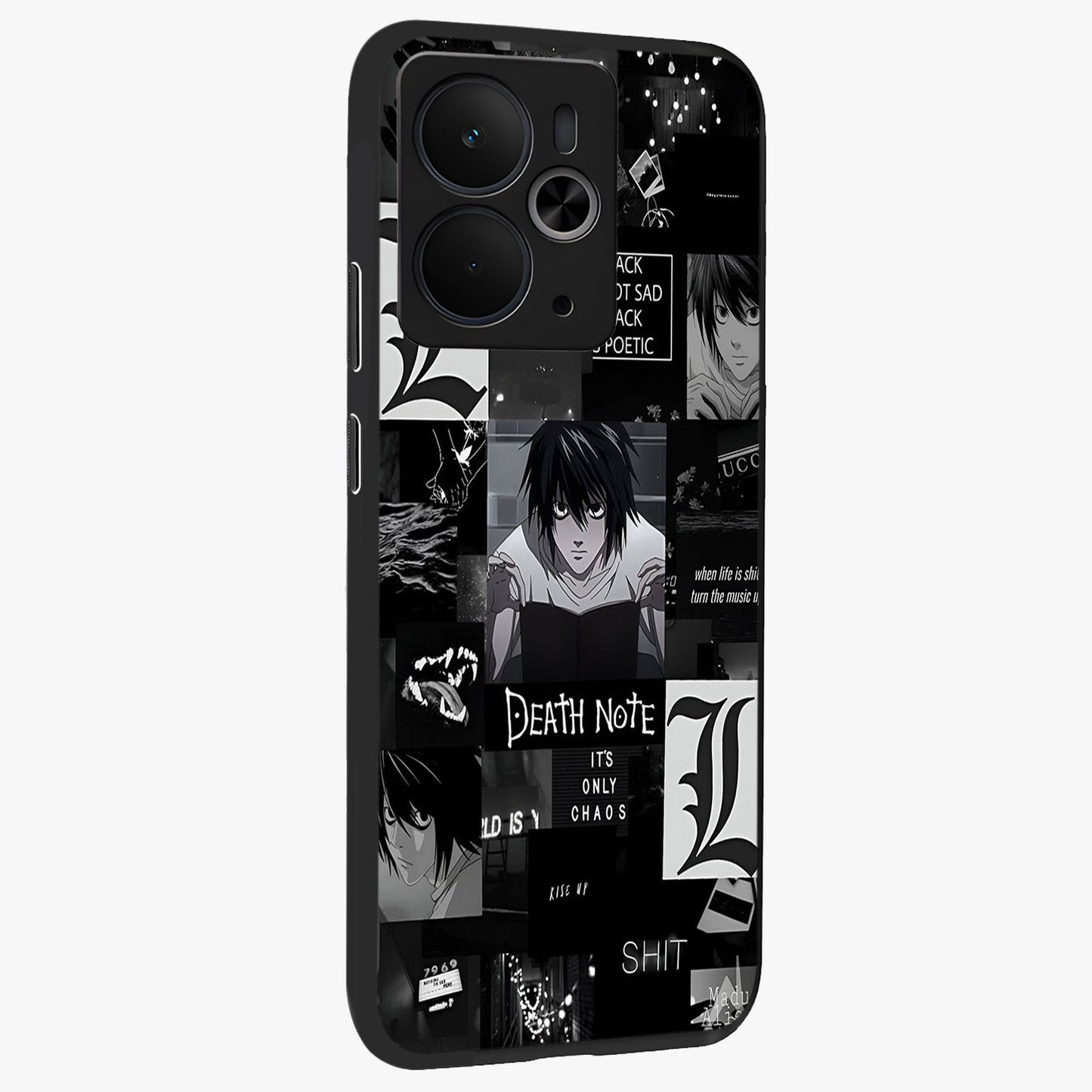 Midnight Chaos Mind Glass Case upright view showcasing expressive abstract artwork with bold dark theme.