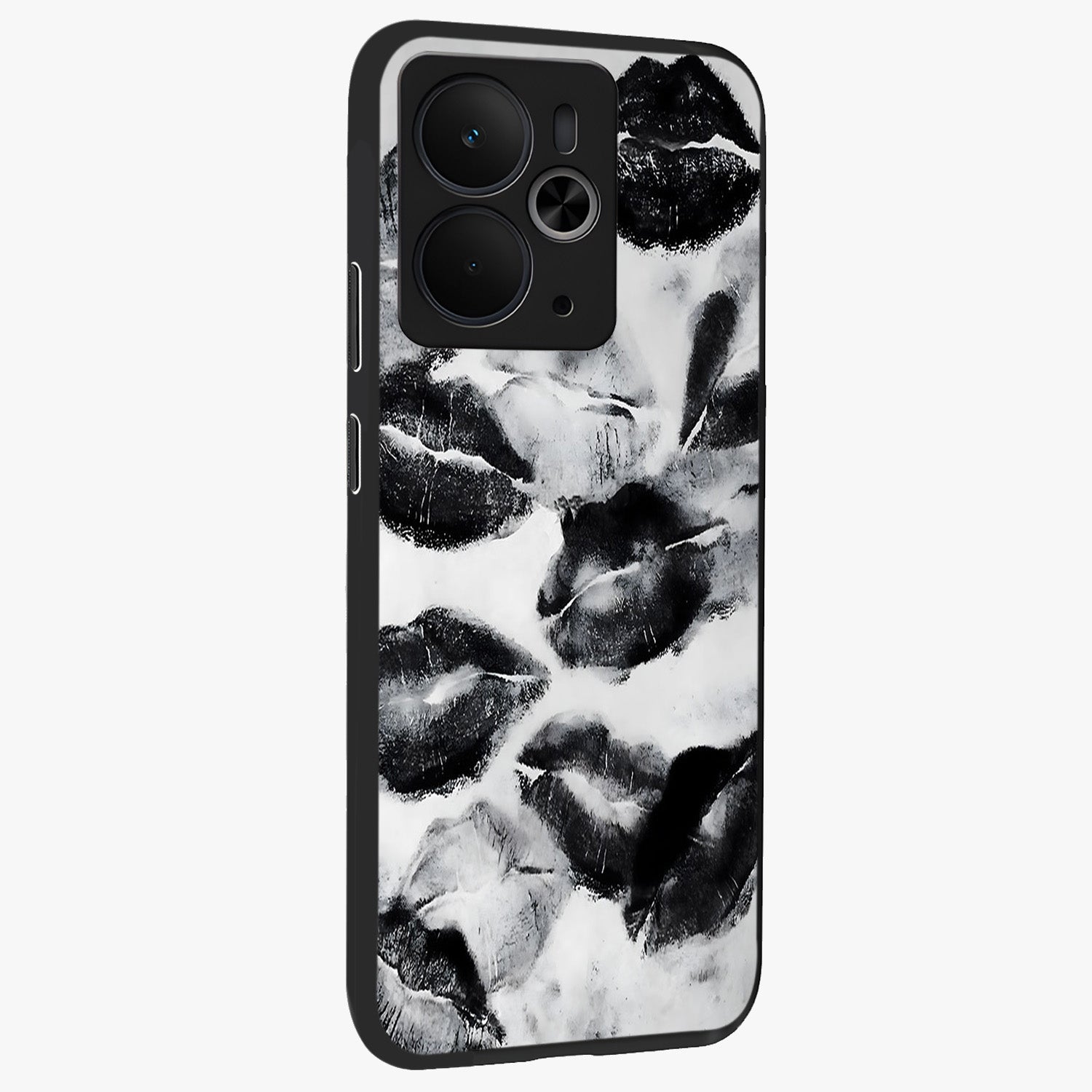 Midnight Kiss Marks Glass Case upright view showcasing stylish kiss mark artwork with trendy romantic theme.