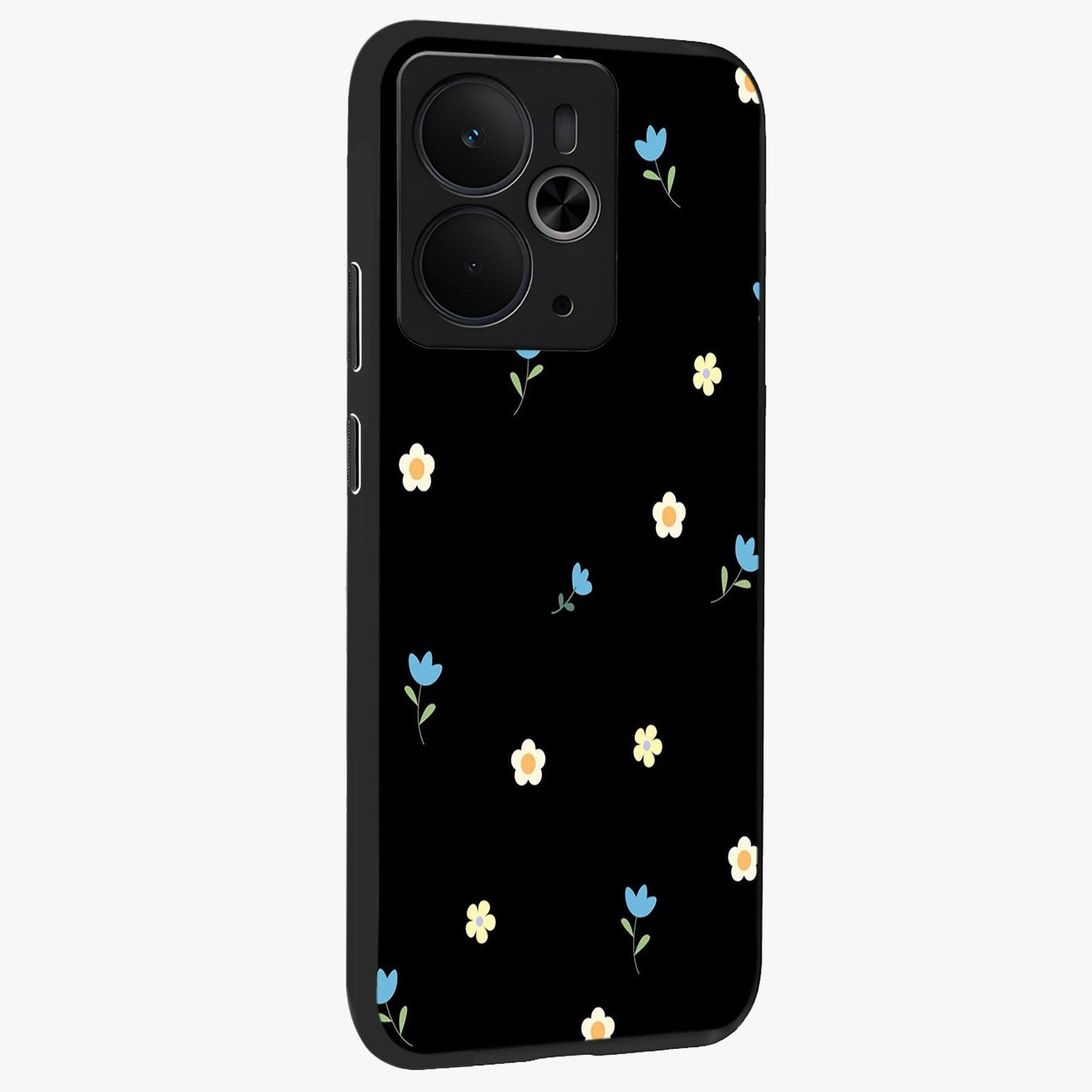 Minimal Petal Whispers Glass Case upright view showcasing elegant floral artwork with modern minimalist style.