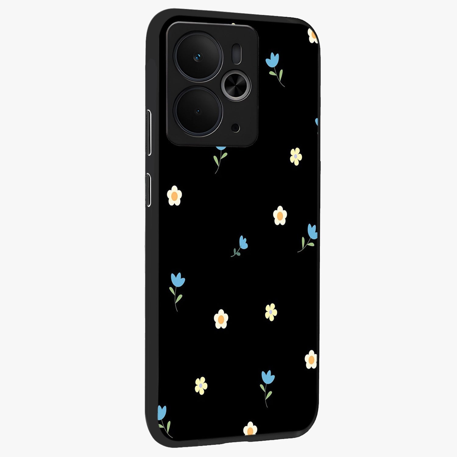 Minimal Petal Whispers Glass Case upright view showcasing elegant floral artwork with modern minimalist style.