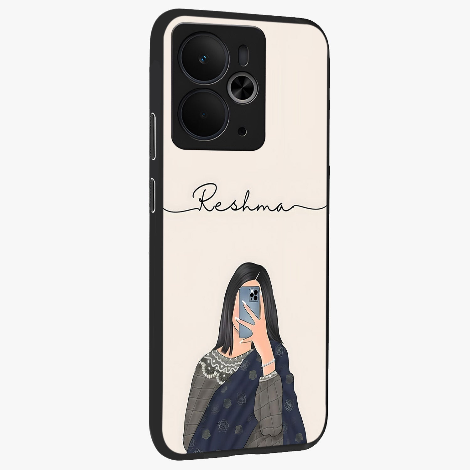 Mirror Mood Muse With Custom Name Glass Case upright view showcasing artistic mirror themed artwork with personalized aesthetic.