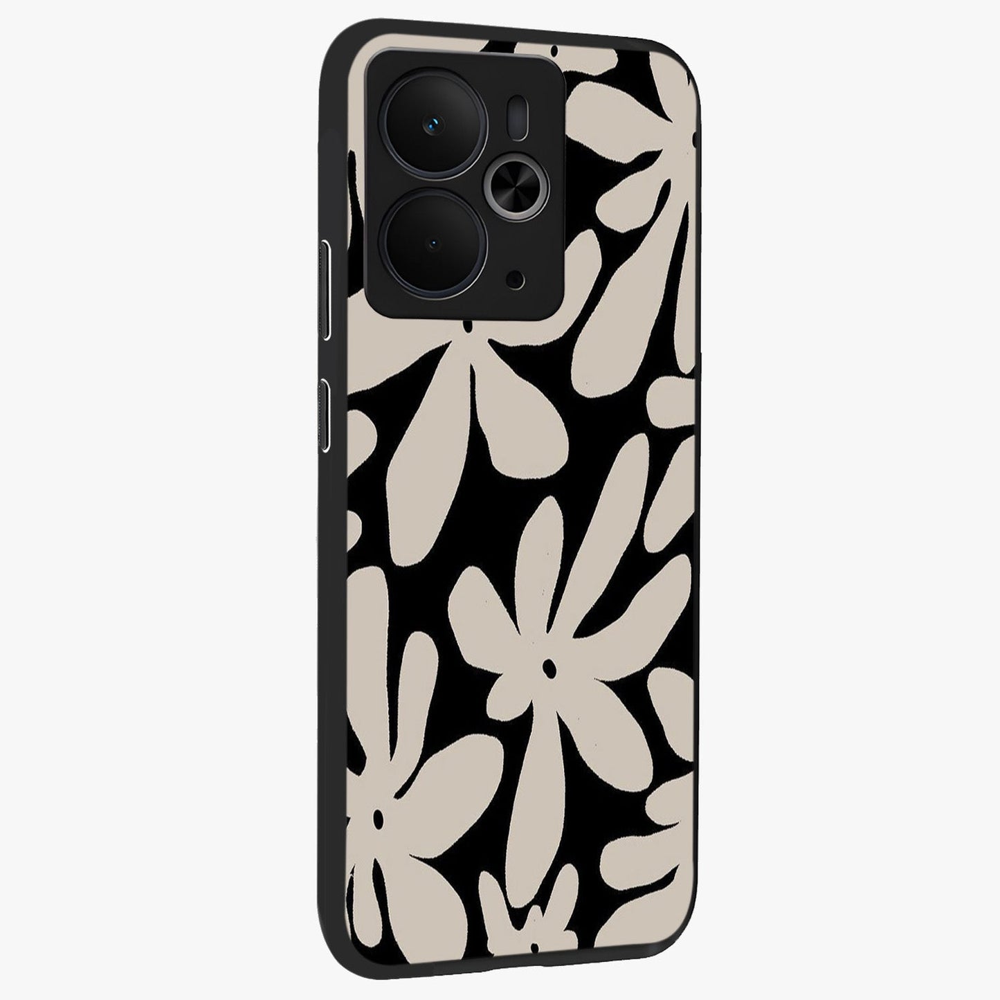 Monochrome Petal Dance Glass Case upright view showcasing artistic floral pattern with stylish monochrome theme.