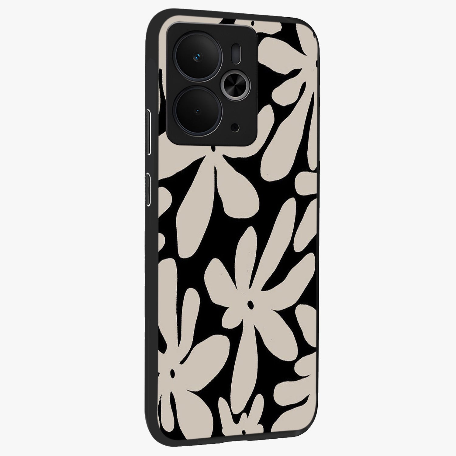 Monochrome Petal Dance Glass Case upright view showcasing artistic floral pattern with stylish monochrome theme.