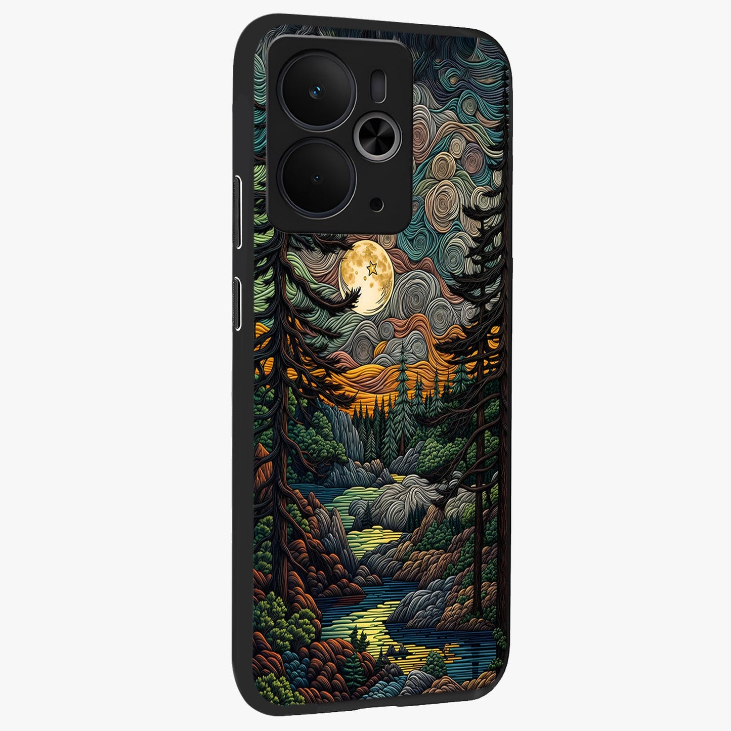 Moonlight Forest Dream Glass Case upright view showcasing magical forest artwork with calm night theme.
