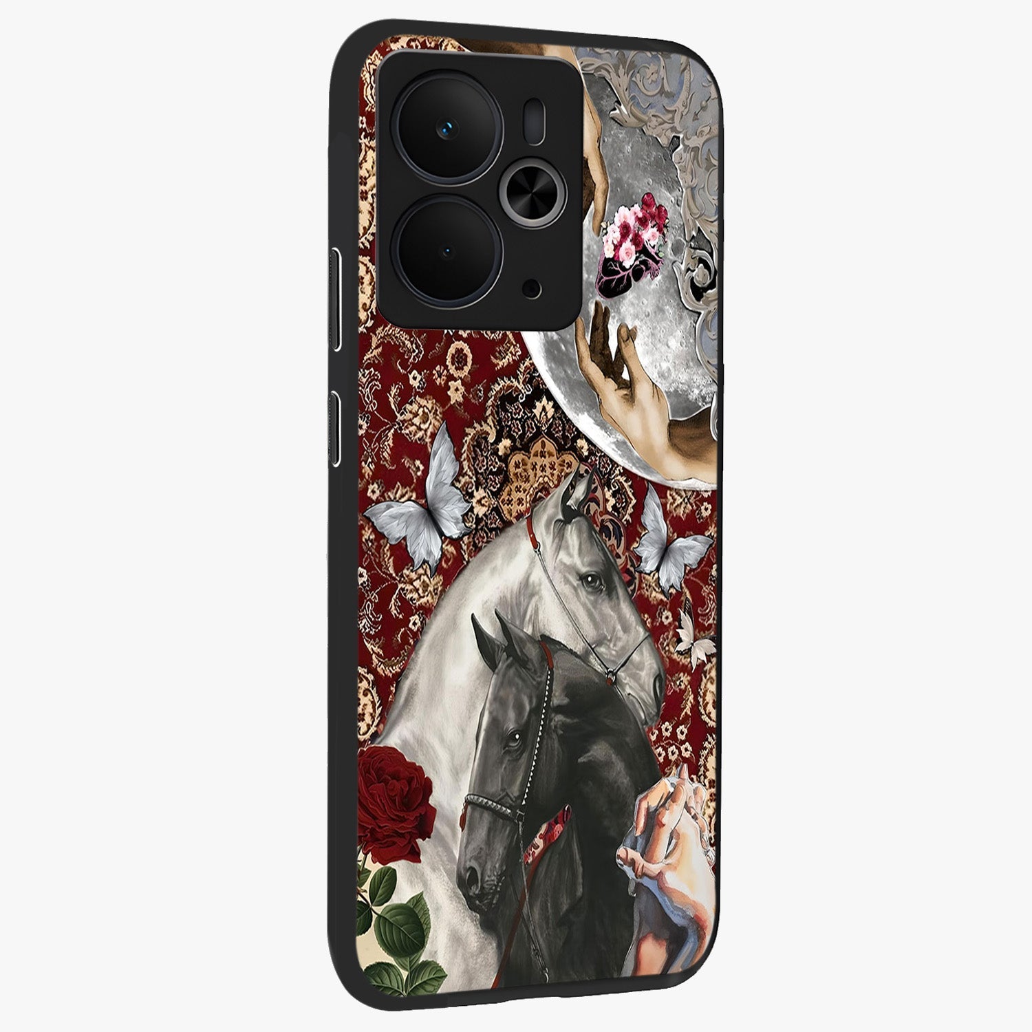 Moonlit Royal Stallion Glass Case upright view showcasing dramatic horse artwork with glowing moon themed design.