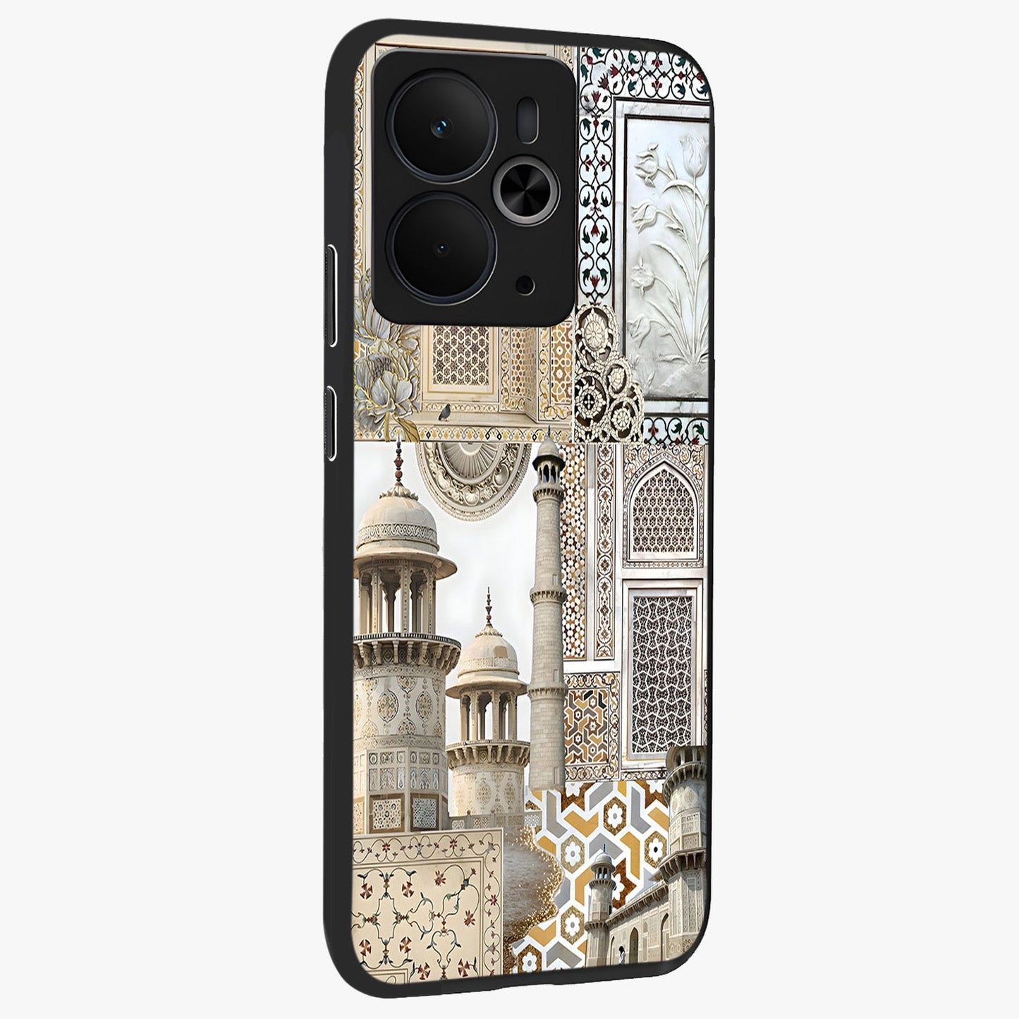 Mughal Marble Legacy Glass Case upright view showcasing ornate Mughal design with luxurious traditional theme.