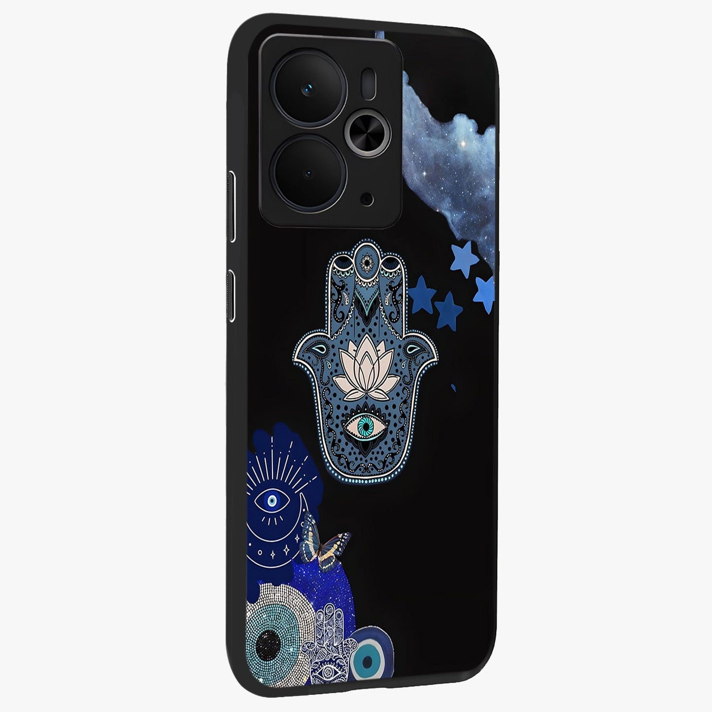 Mystic Hand Aura Glass Case upright view showcasing symbolic hand artwork with mystical energy theme.