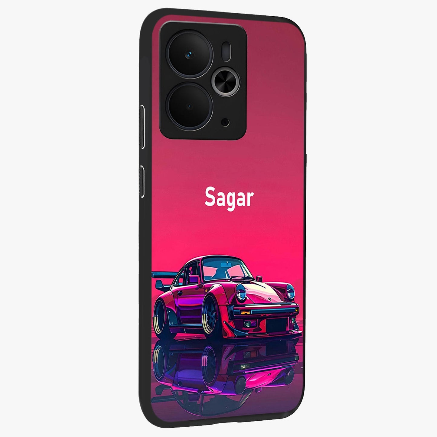 Neon Pink Porsche Glass Case upright view showcasing vibrant sports car artwork with bold automotive theme.