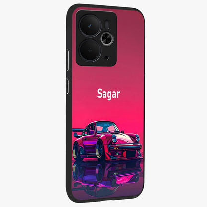 Neon Pink Porsche Glass Case upright view showcasing vibrant sports car artwork with bold automotive theme.
