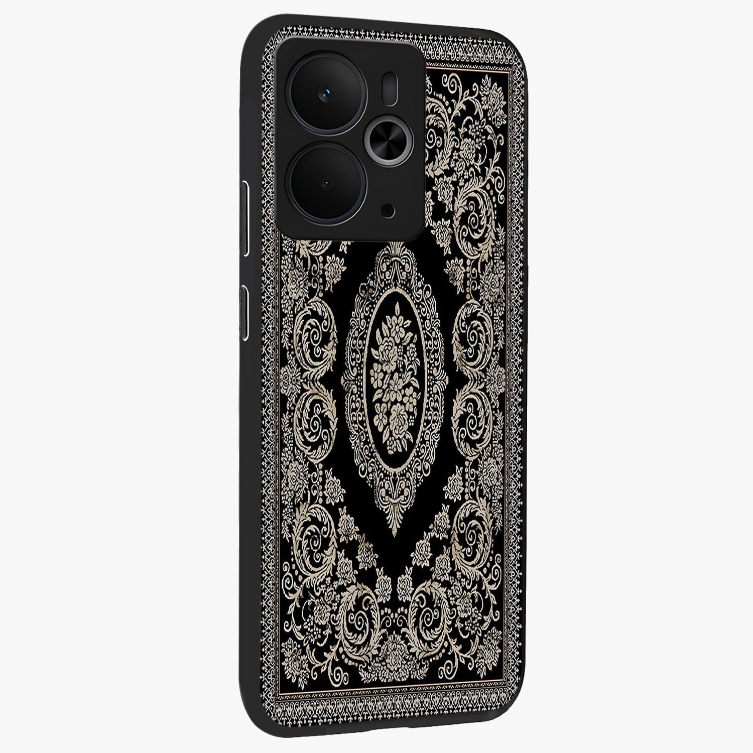 Noir Bloom Elegance Glass Case upright view showcasing graceful floral artwork with luxurious dark theme.