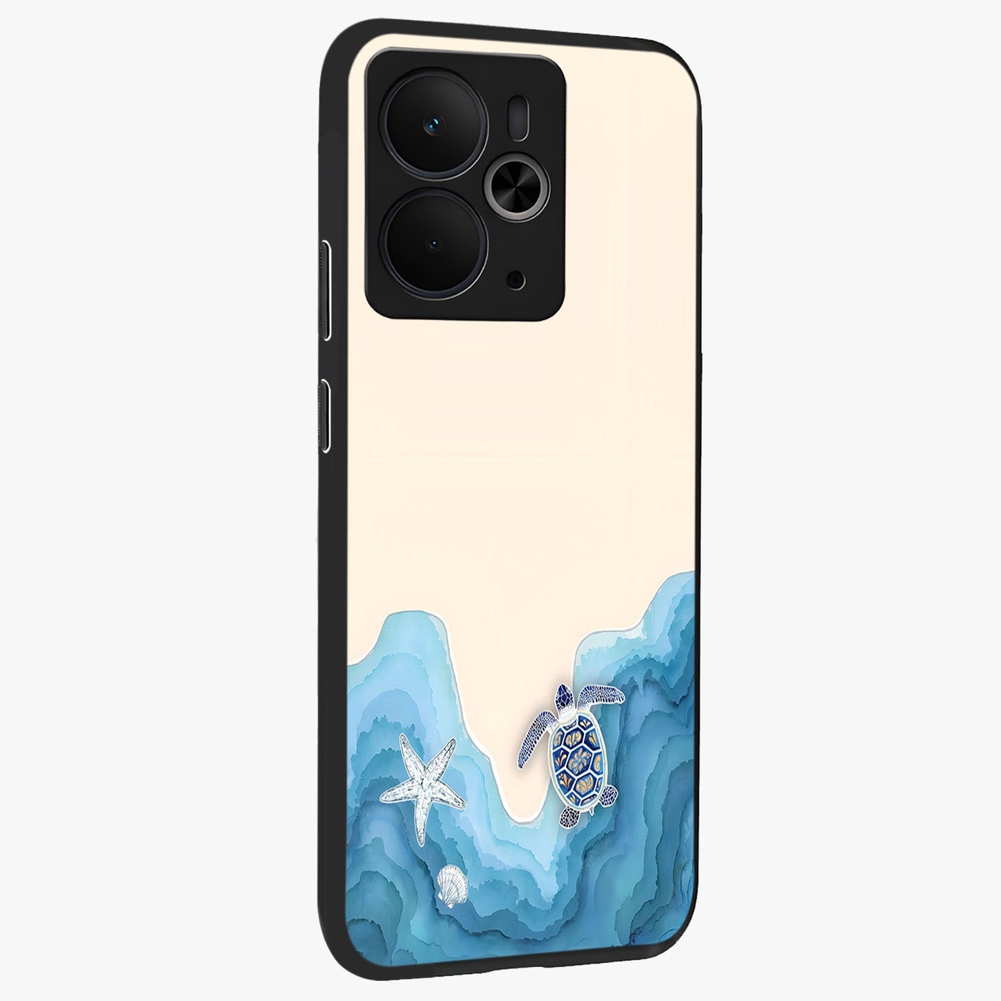 Ocean Drift Turtle Glass Case upright view showcasing calm underwater turtle artwork with nature inspired theme.