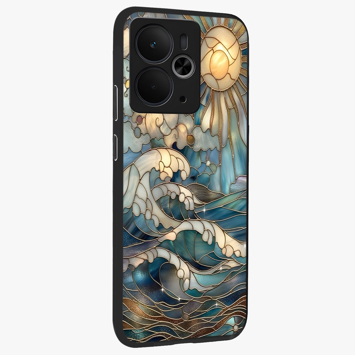 Oceanic Stained Printed Glass Case upright view showcasing decorative ocean pattern artwork with vibrant marine theme.