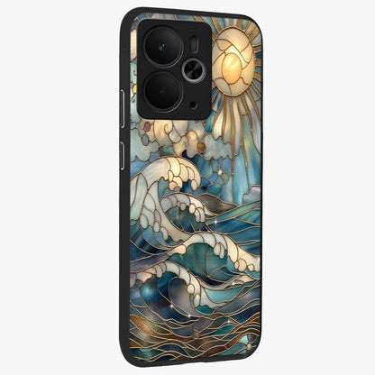 Oceanic Stained Printed Glass Case upright view showcasing decorative ocean pattern artwork with vibrant marine theme.