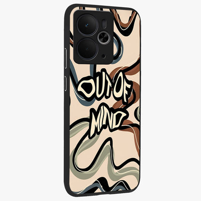 Out Of Mind Glass Case upright view showcasing striking typography artwork with edgy conceptual theme.