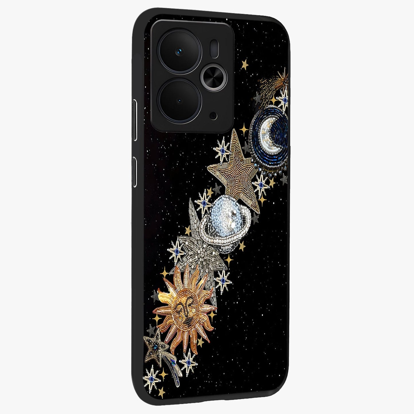 Pearls Universe Object Glass Case upright view showcasing decorative pearl themed artwork with cosmic elegance.