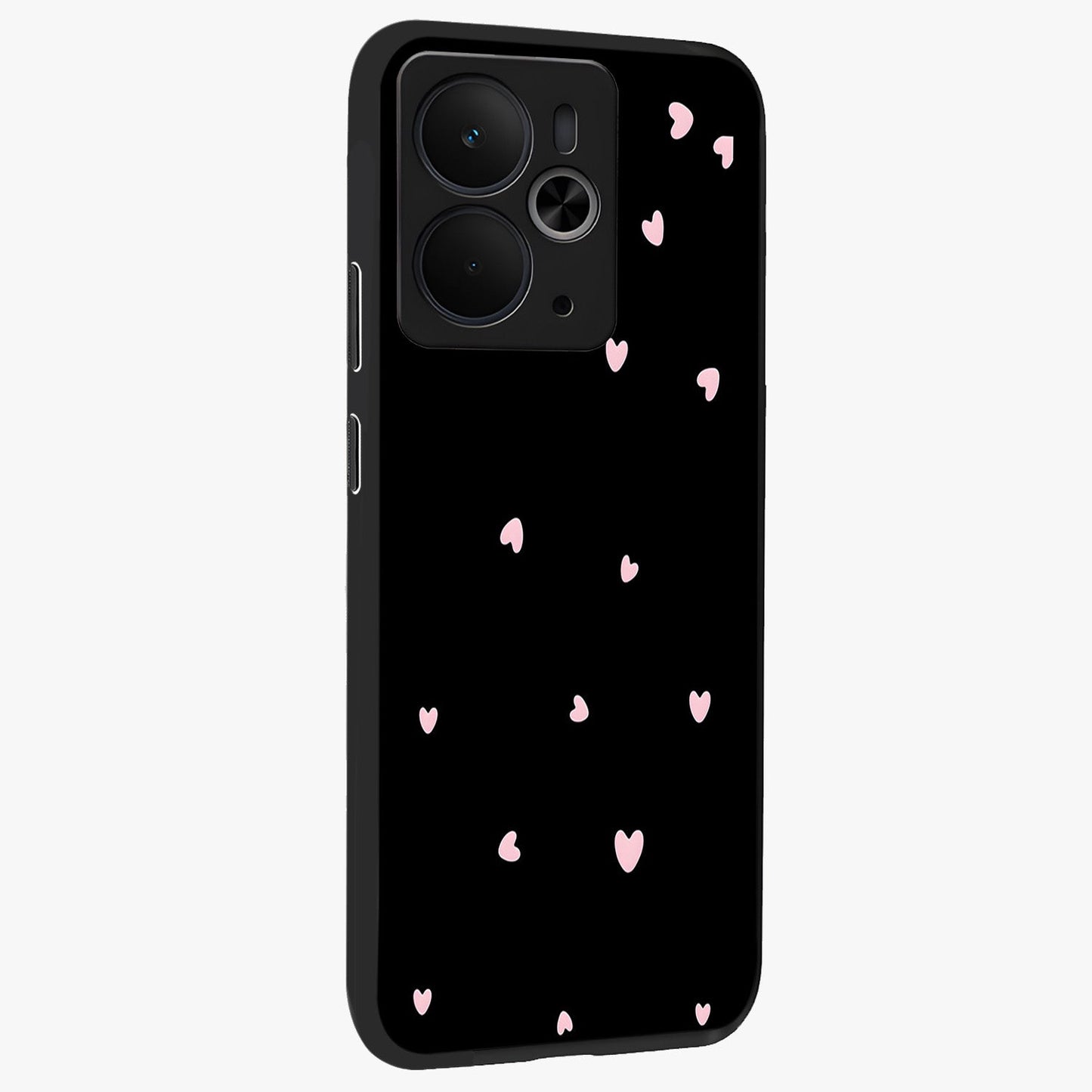 Pink Love Drops Glass Case upright view showcasing charming heart drop artwork with romantic playful theme.