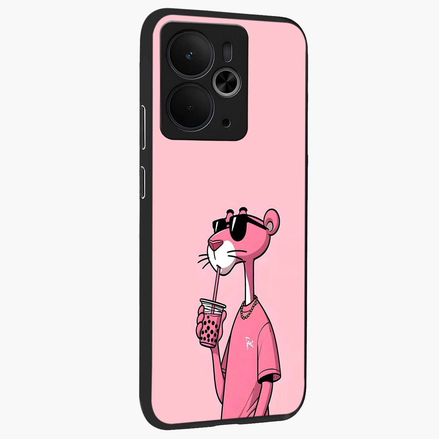 Pink Panther Glass Case upright view showcasing fun animated artwork with stylish retro cartoon theme.