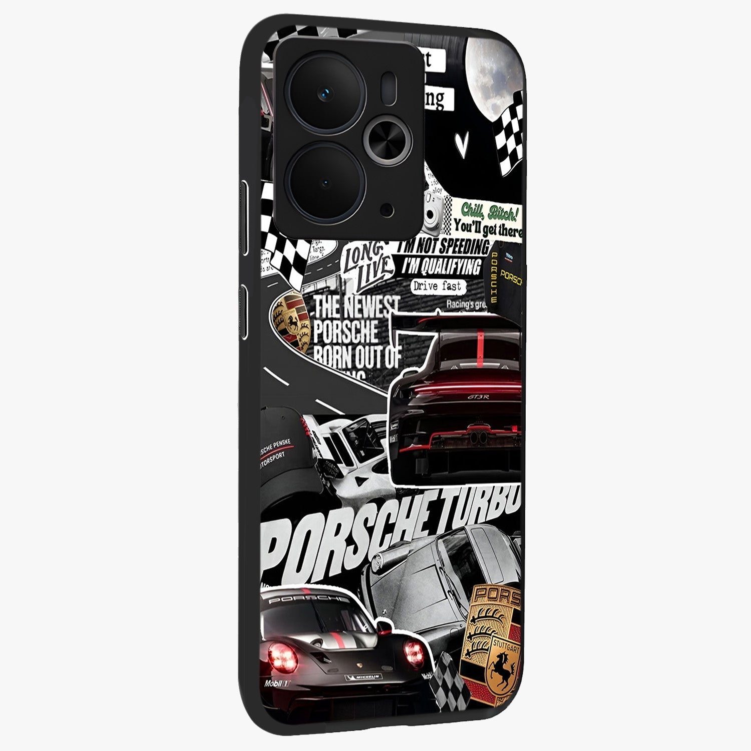 Porsche Racing Collage Glass Case upright view showcasing energetic car collage artwork with high speed racing theme.