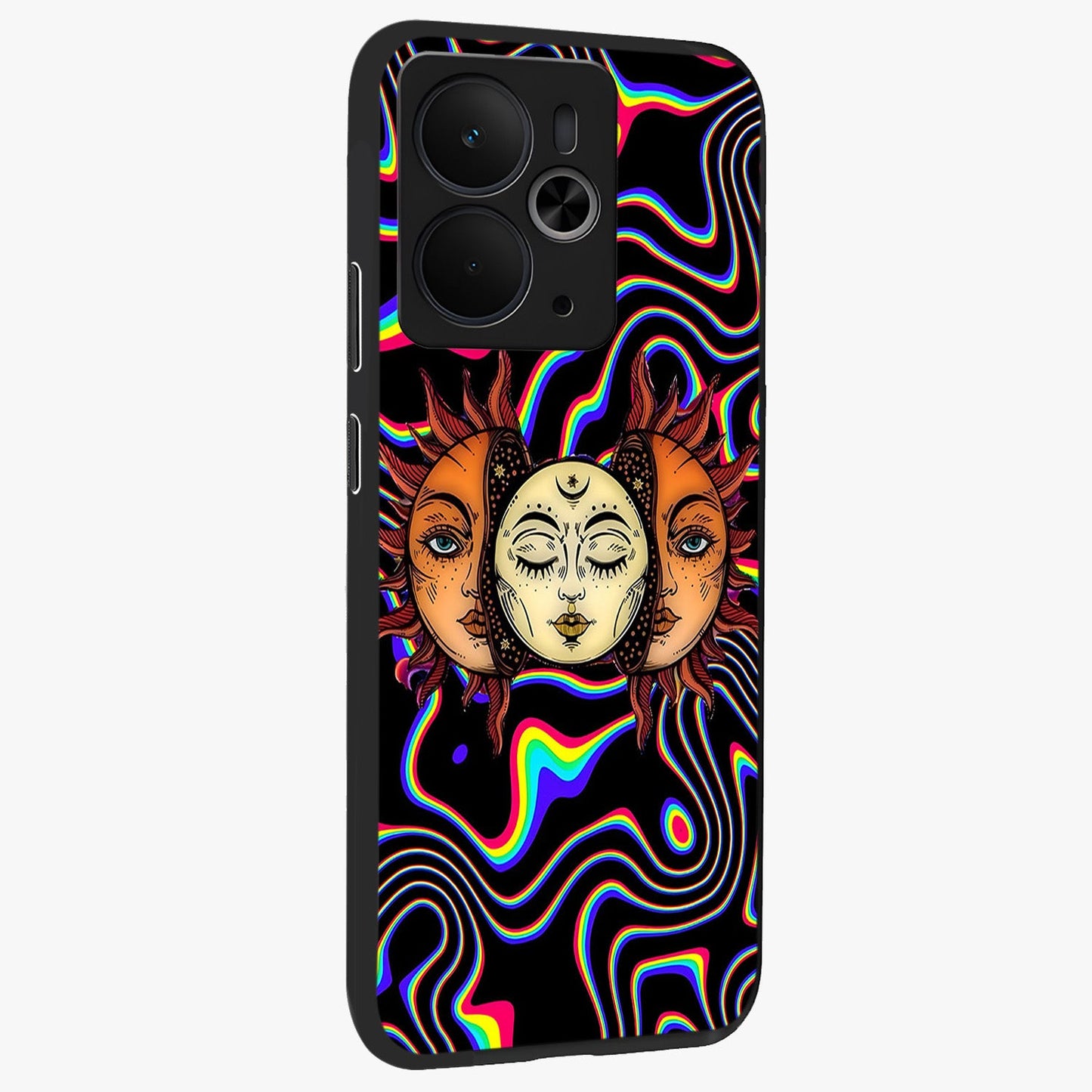 Psychedelic Sun Glass Case upright view showcasing trippy sun artwork with bold psychedelic theme.