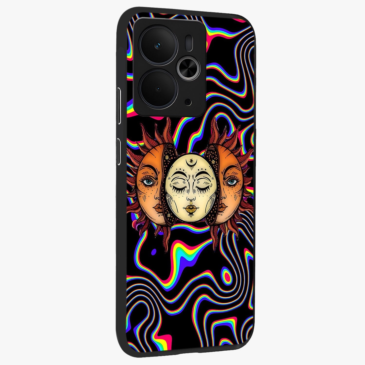 Psychedelic Sun Glass Case upright view showcasing trippy sun artwork with bold psychedelic theme.