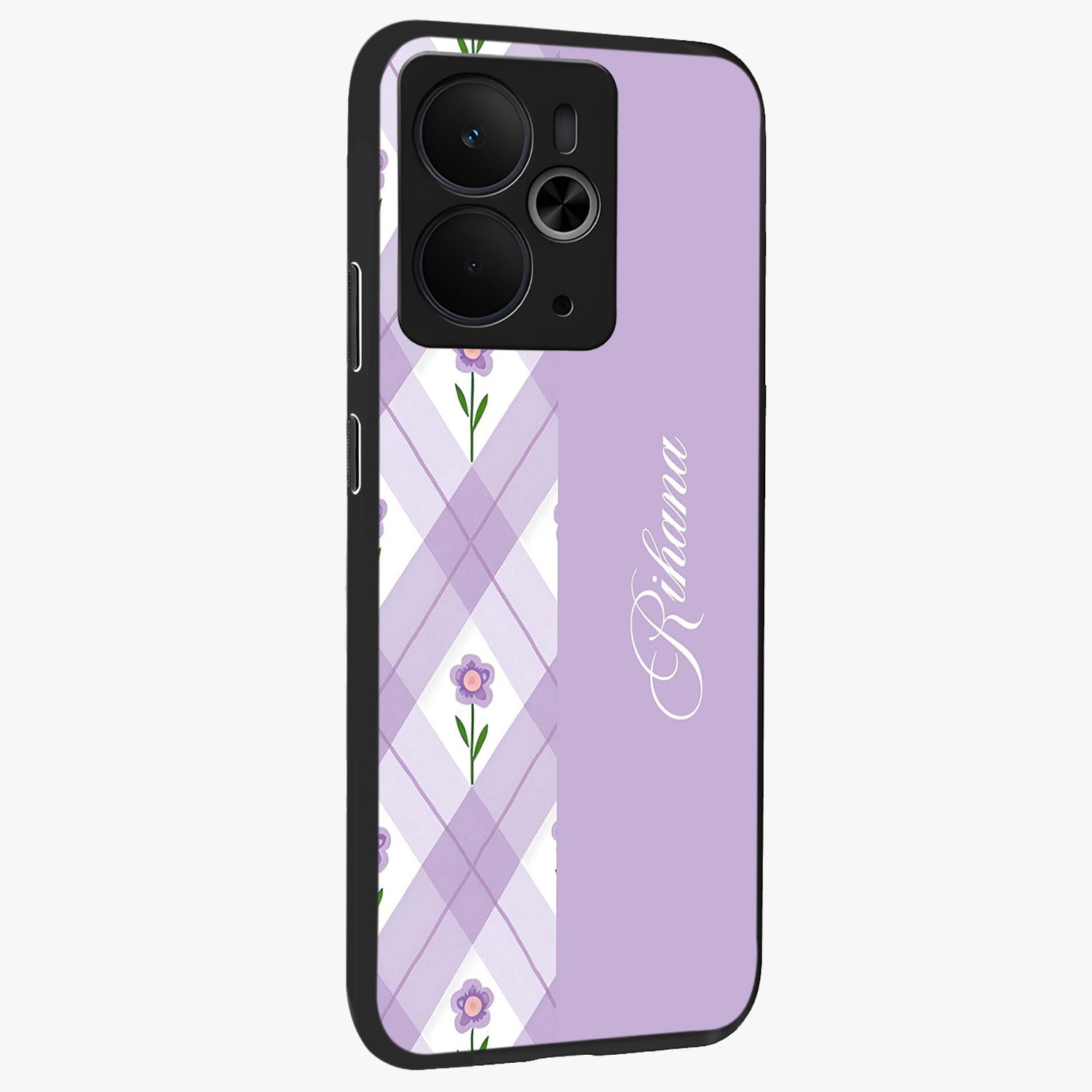 Purple Diamond Floral Glass Case upright view showcasing vibrant floral artwork with stylish geometric theme.