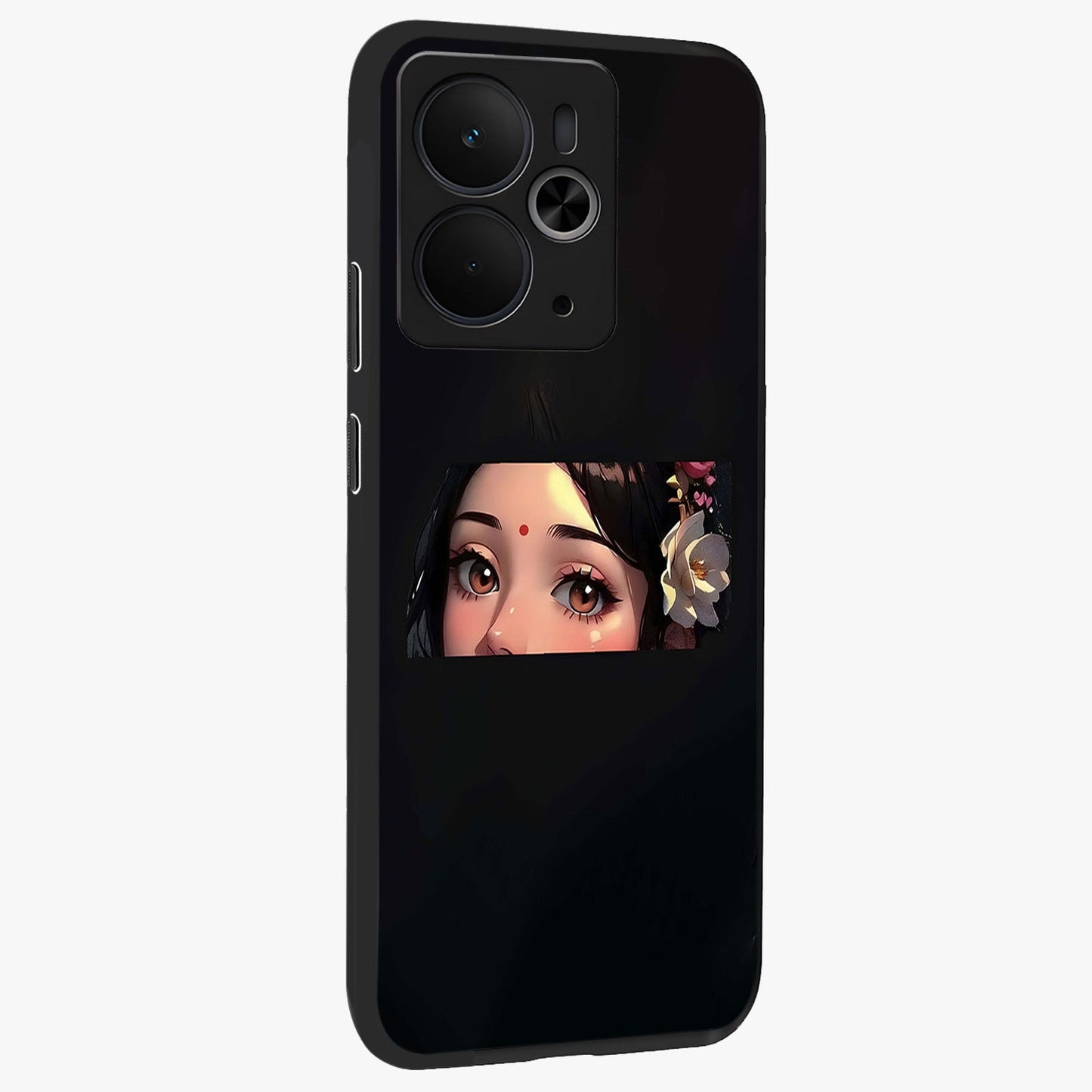Radha Divine Embrace Glass Case upright view showcasing sacred Radha themed artwork with peaceful devotional style.