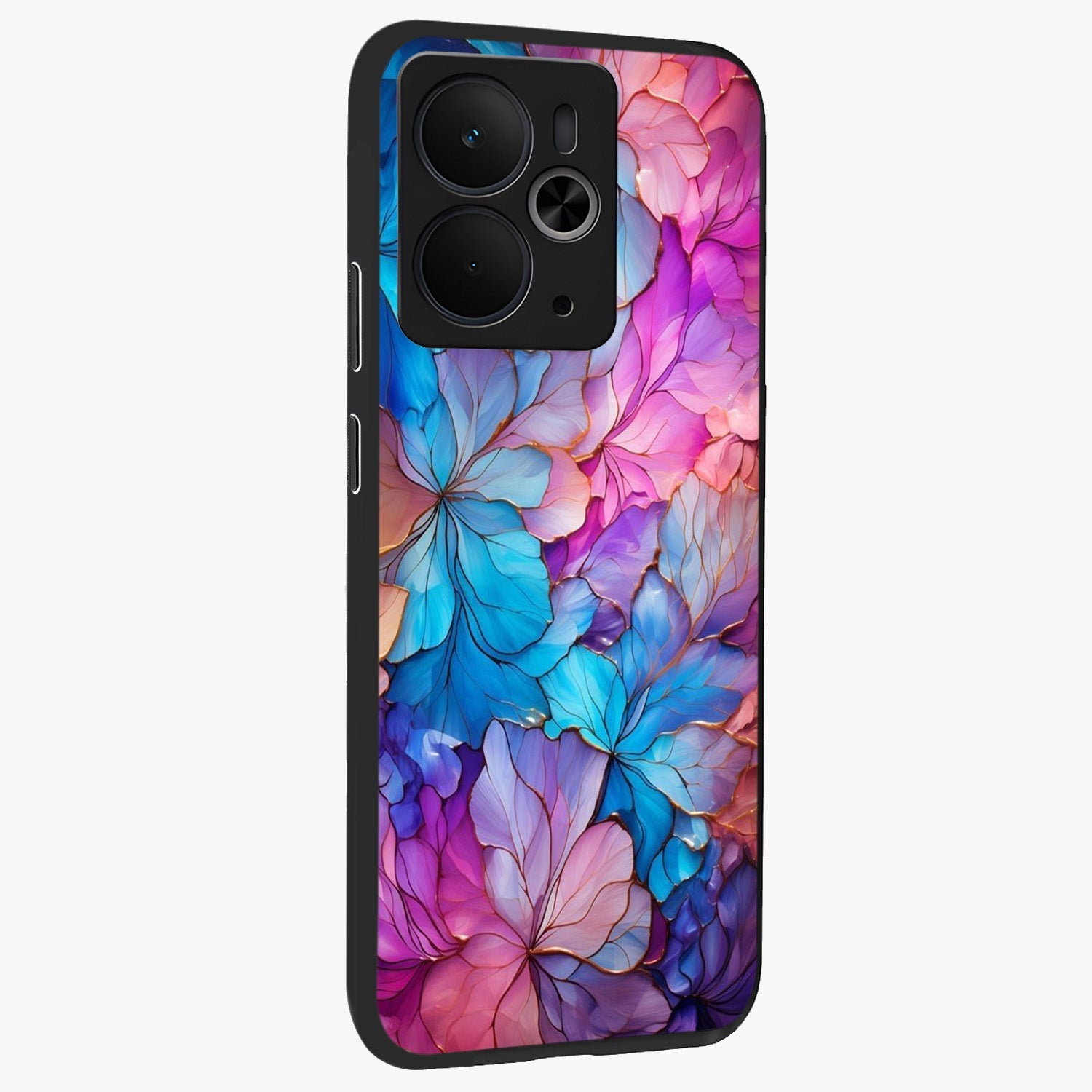 Radiant Floral Whirl Glass Case upright view showcasing lively floral artwork with decorative swirl theme.
