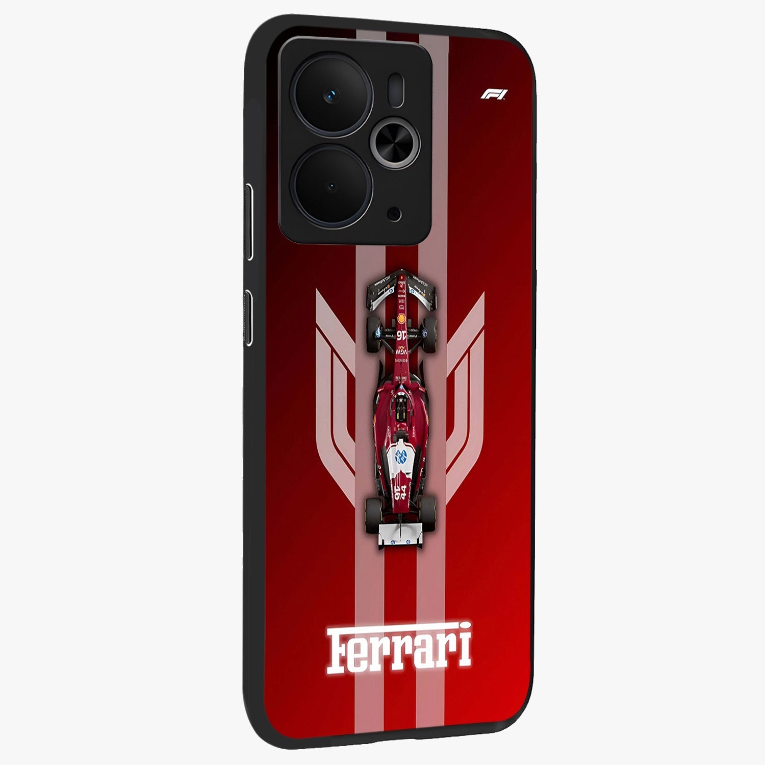 Red Ferrari F1 Vertical Glass Case upright view showcasing powerful Formula car artwork with dynamic motorsport theme.