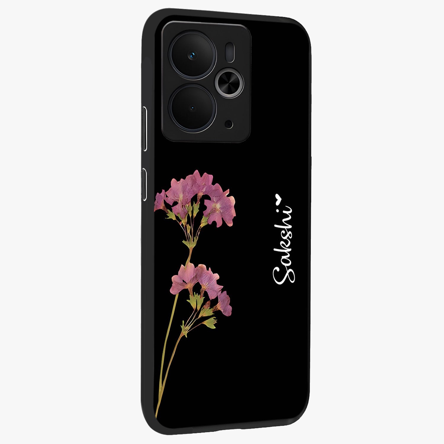 Riching Lavender Flower Custom Name Glass Case upright view showcasing elegant lavender floral artwork with personalized aesthetic.