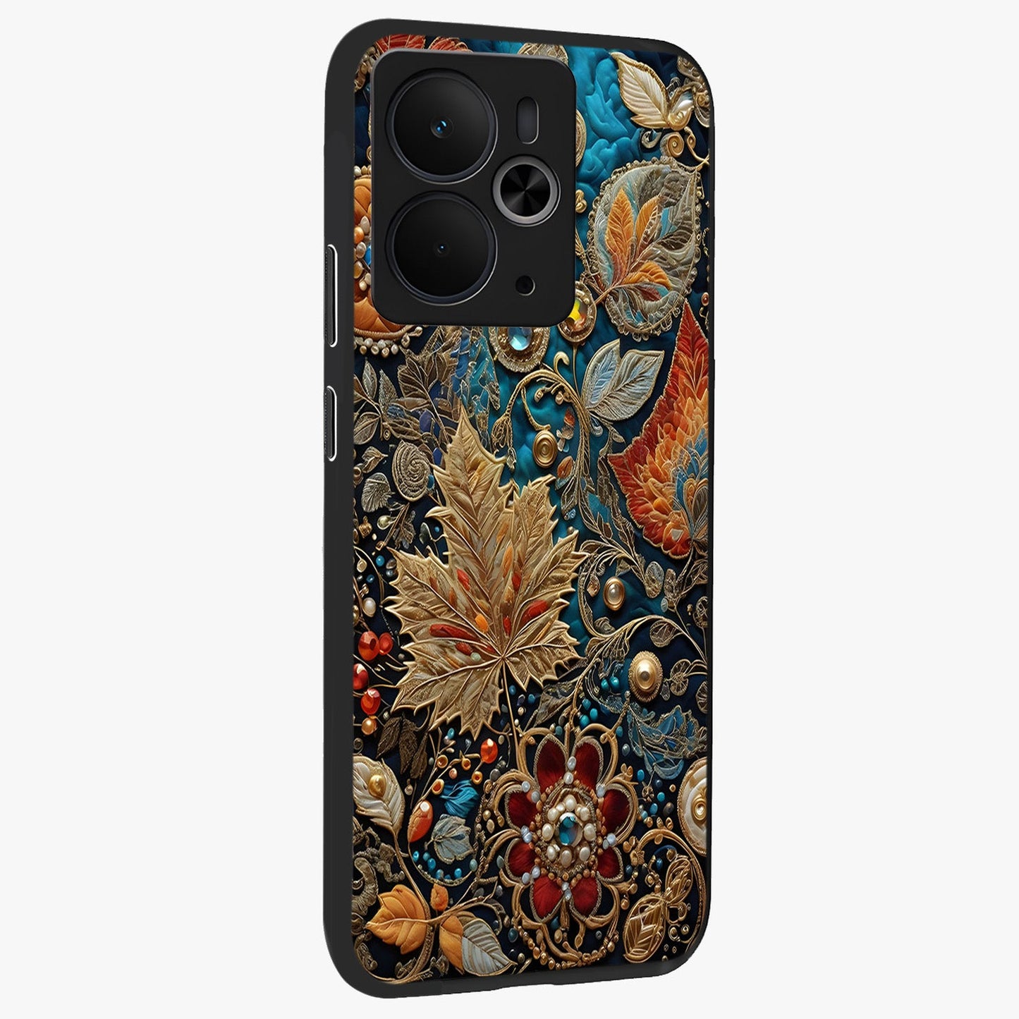 Royal Jewel Garden Glass Case upright view showcasing rich floral artwork with luxurious garden theme.